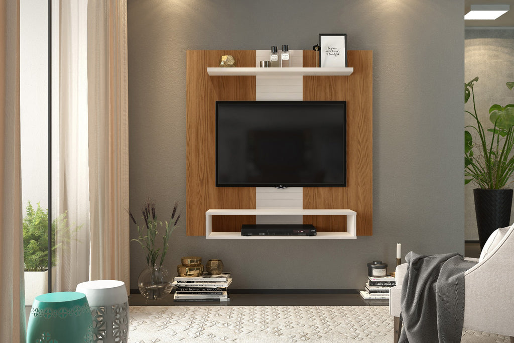 Vision - fixed TV wall panel with shelf and storage, oak effect & soft gloss white - Price Crash Furniture