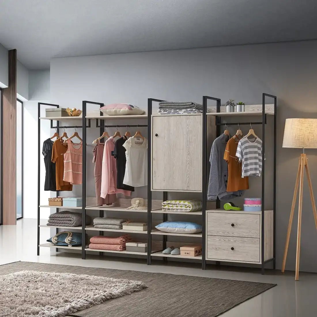 Zahra bedroom set: 4 piece open wardrobe set in ash oak effect by TAD - Price Crash Furniture