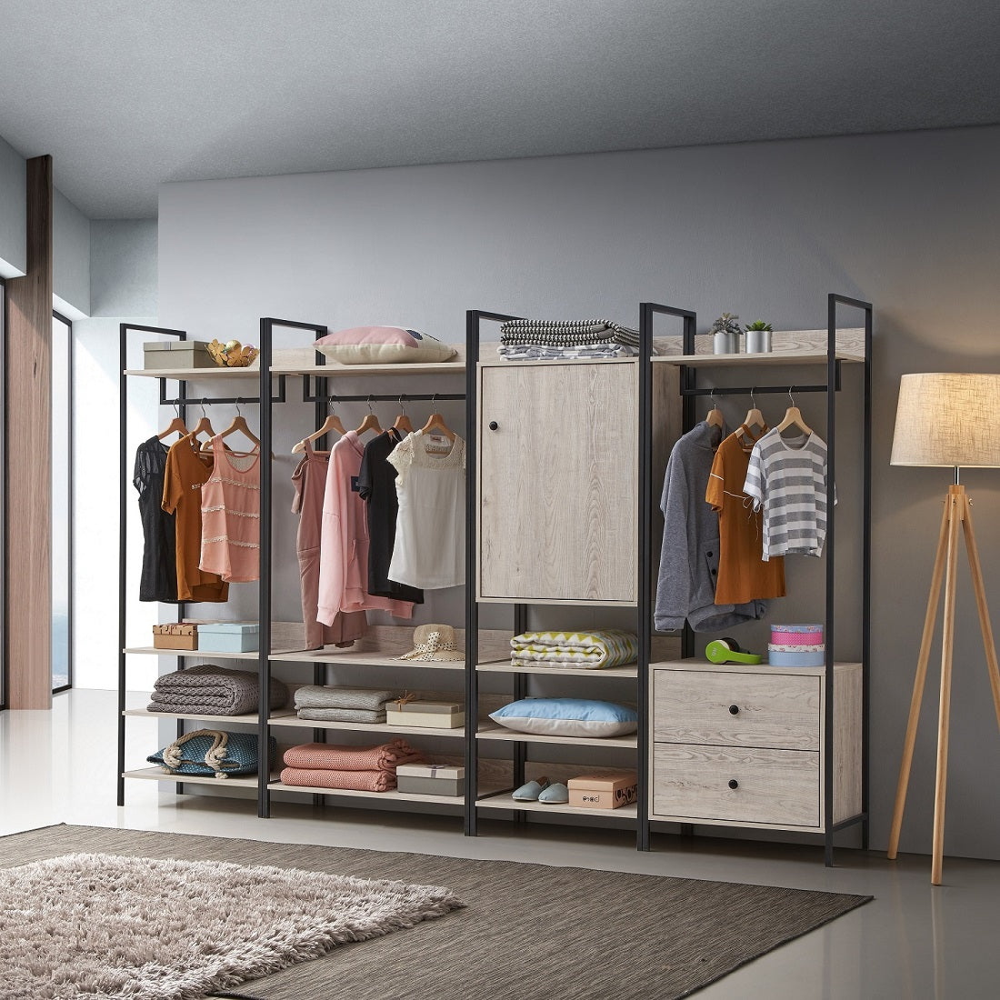 Zahra bedroom set: 4 piece open wardrobe set in ash oak effect by TAD - Price Crash Furniture