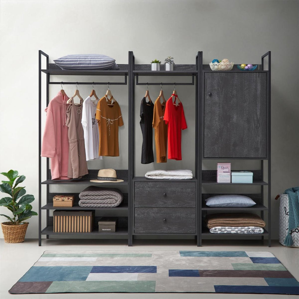 Zahra bedroom set: 3 piece open wardrobe set in black wood effect by TAD - Price Crash Furniture