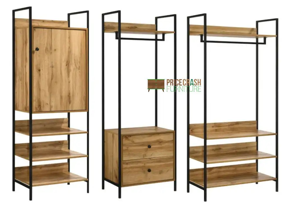 Zahra bedroom set: 3 piece open wardrobe set in oak effect by TAD - Price Crash Furniture
